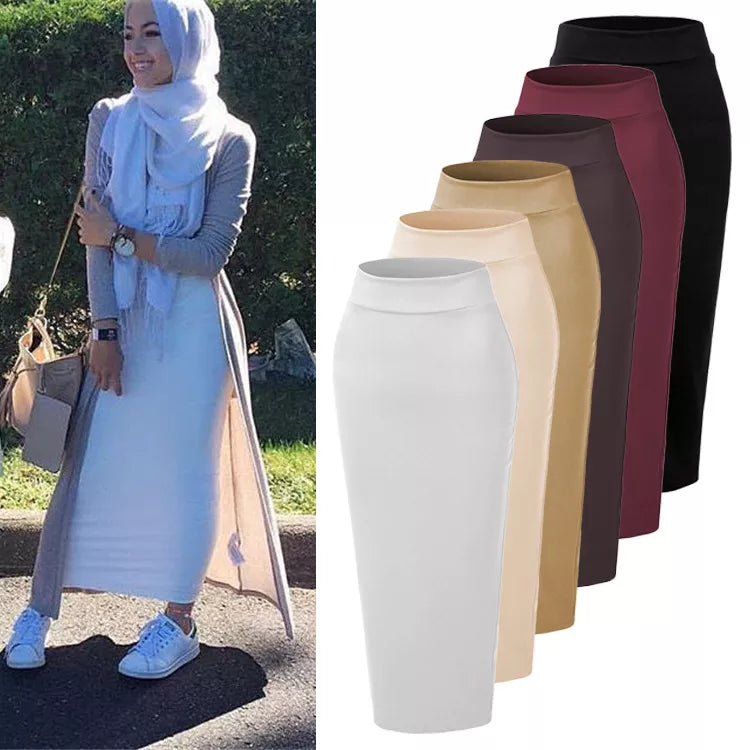 6 Colors Fashion Elegant Women Lady Spring Pencil Skirt Highwaist Bodycon Cotton Muslim Ankle-Length Skirts Islamic Bottom New