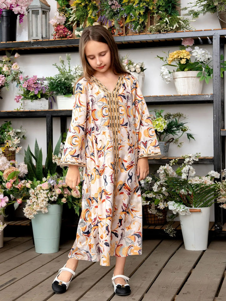 Ramadan flowers printed 3-11years child Muslim robe dress girls full length islamic abaya prayer service clothing wy1358 factory