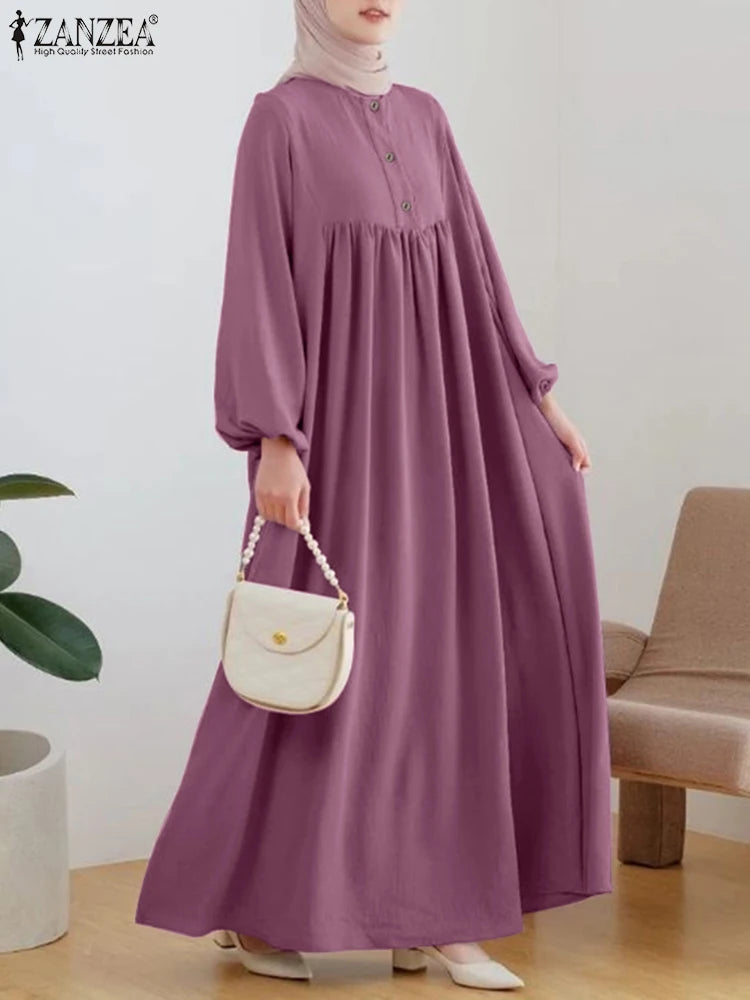 Autumn Fashion Solid Dubai Turkey Maxi Sundress 2024 ZANZEA Women Vintage O Neck Long Sleeve Muslim Abaya Dress Islamic Clothing