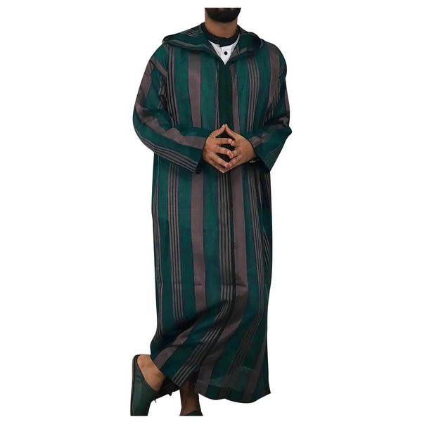 Islamic Clothing Men Robe Kaftan Muslim Man Moroccan Hoody Long Dress Arabic Striped Robe Middle East National Costume