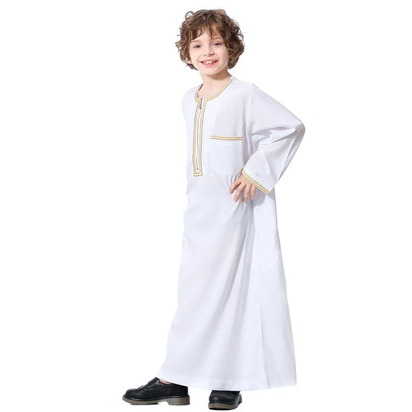 2023 New Children Thawb Teens Summer Muslim Robe Kids Arab Folk Clothes Boys Solid Color Thobe 4-12 Years National Outfit