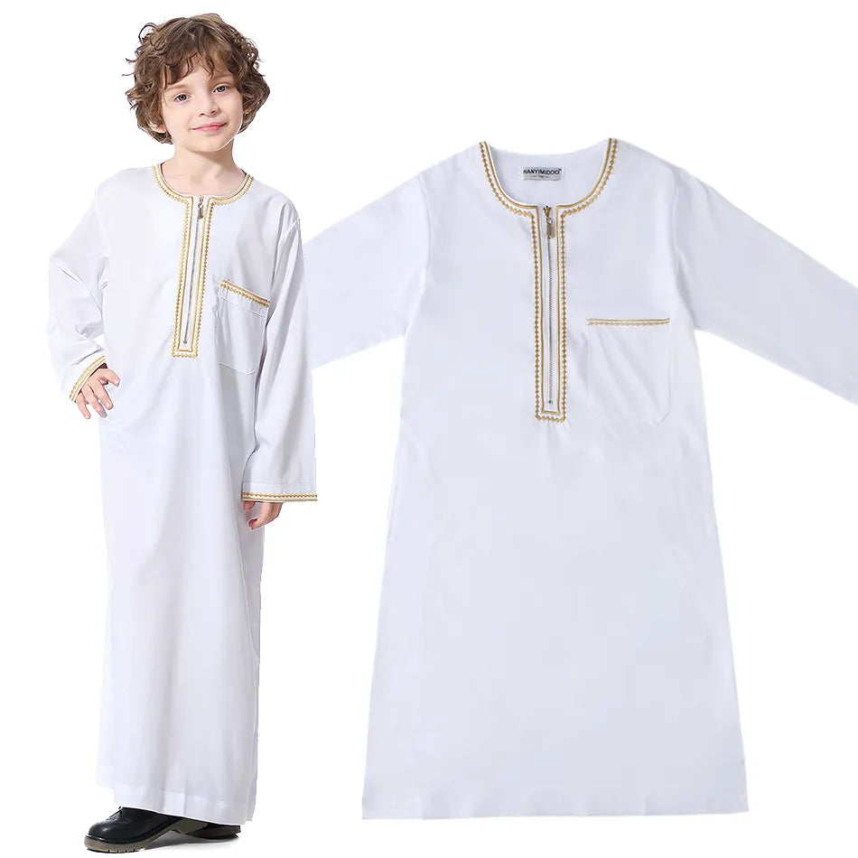 2023 New Children Thawb Teens Summer Muslim Robe Kids Arab Folk Clothes Boys Solid Color Thobe 4-12 Years National Outfit