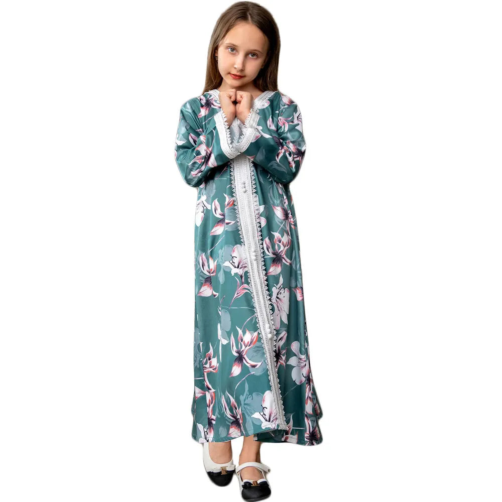 Cuhk children's Islam Abaya Prayer Dubai 2023 Kimono Turkey Dresses For Girl Fashion Kaftan Floral Printed 3-12 Years Kids Robe