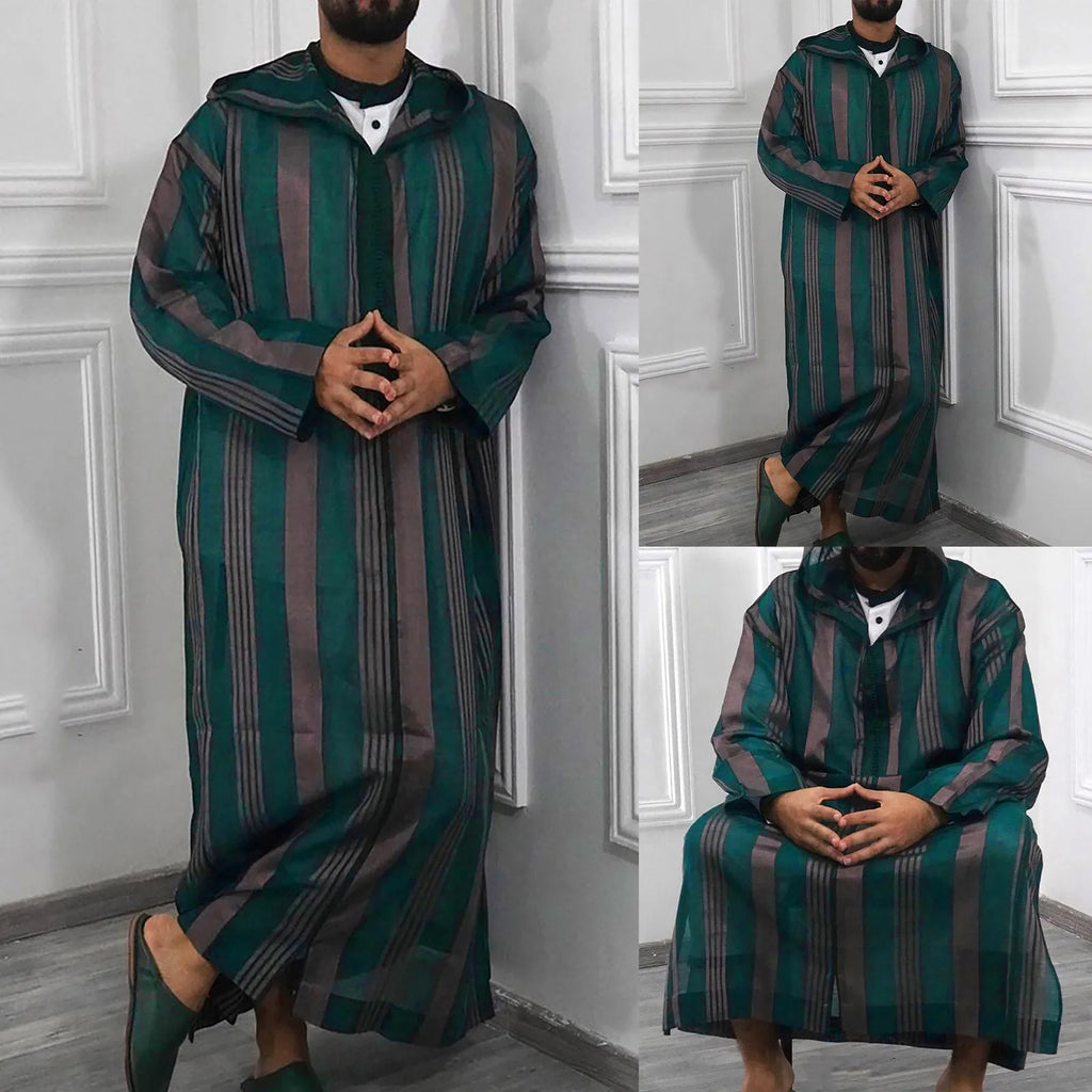 Islamic Clothing Men Robe Kaftan Muslim Man Moroccan Hoody Long Dress Arabic Striped Robe Middle East National Costume