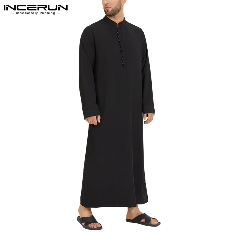 Muslim Men Jubba Thobe Long Sleeve Solid Color Breathable Robes