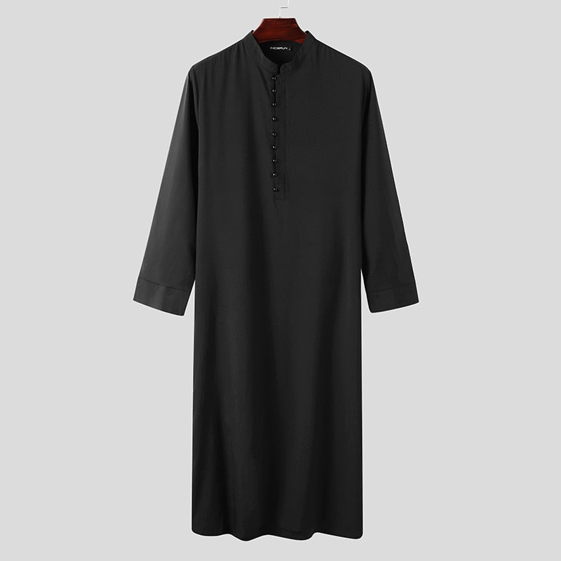 Muslim Men Jubba Thobe Long Sleeve Solid Color Breathable Robes