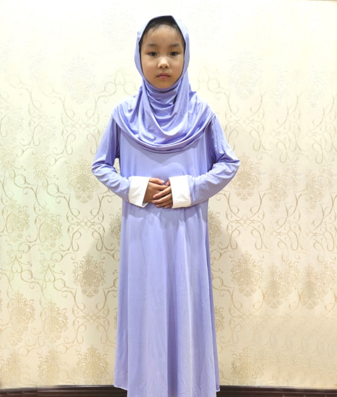 Muslim Kids Girls Prayer Dress Hijab Abaya Robe Arab Dubai Children Ramadan Kaftan Headscarf Islamic Eid Party Gown Jilbab