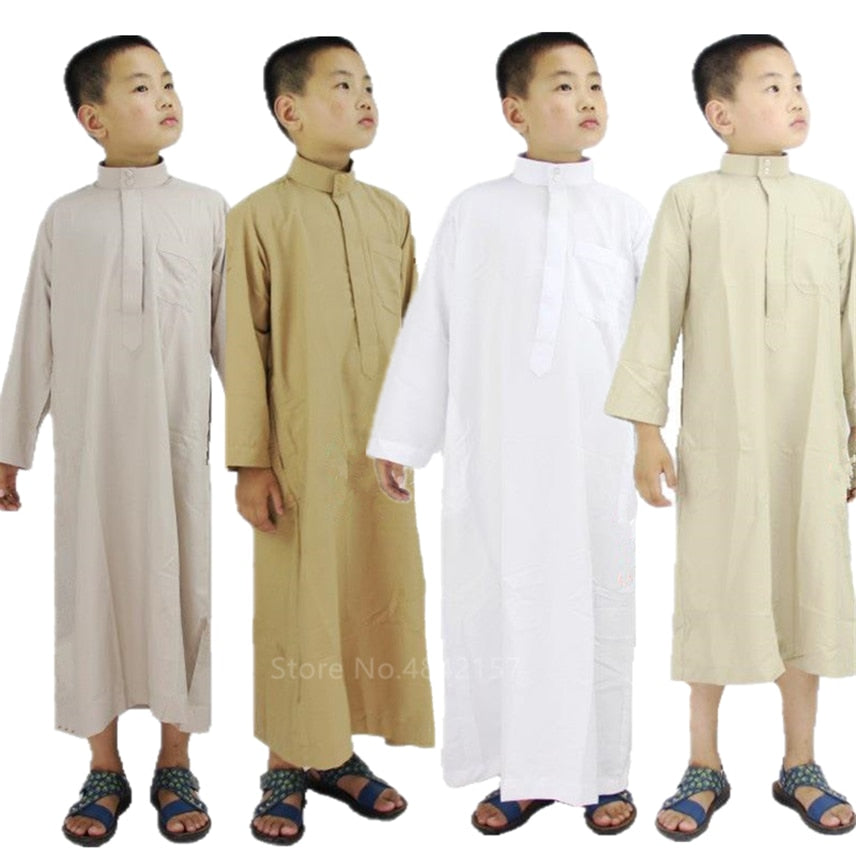 Boys Jubba Thobe Islamic Clothing Saudi Arabia Solid Muslim Kaftan Kids Brother Abayas Long Sleeve Arab Middle East Robes