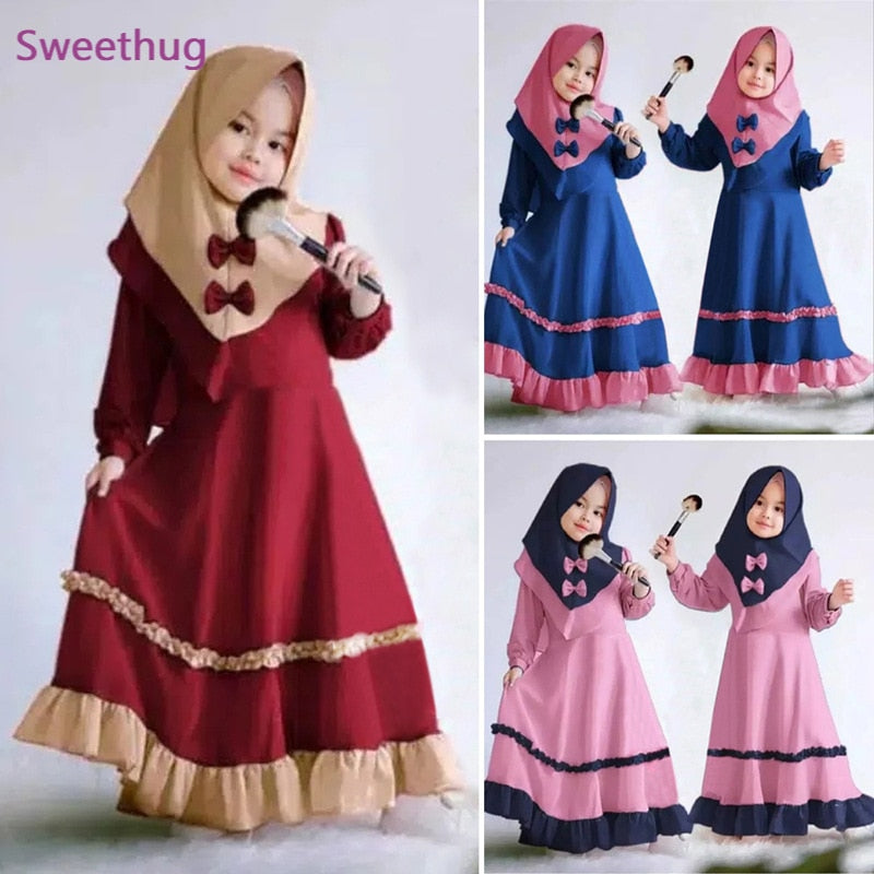 Muslim 2 Pieces Set Girls Princess Dress Kids Abaya Hijab Khimar  Jilbab Islamic Children Prayer Gown Kaftan Ramadan