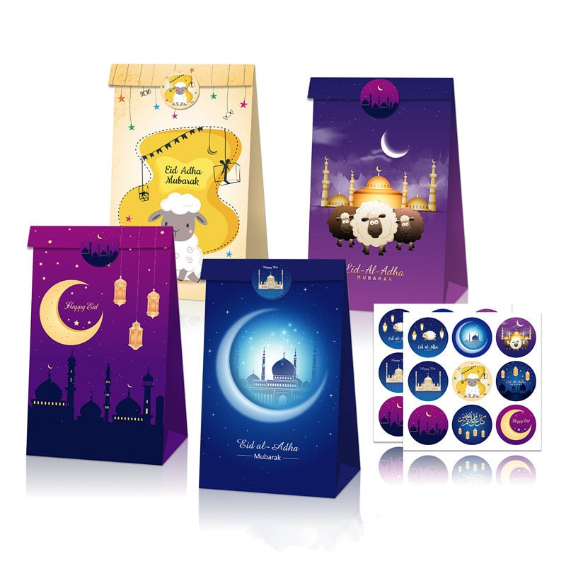 12pcs Eid Mubarak Muslim Candy Bag with Stickers Islamic Festival Ramadan Mubarak Eid al-Fitr Party Favors Supplies Gift Box