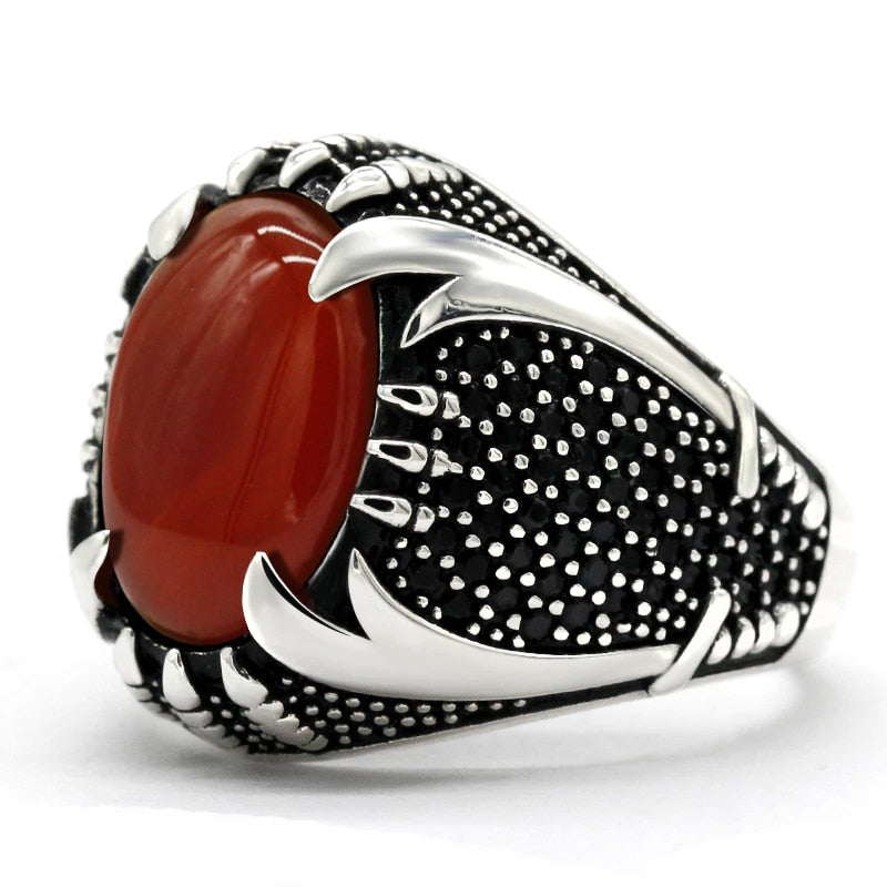 Islamic Men&#39;s 925 Silver Jewelry Ring Inlaid with Red Agate Big Stone/Black Zircon Turkish Muslim Religious Jewelry Gift