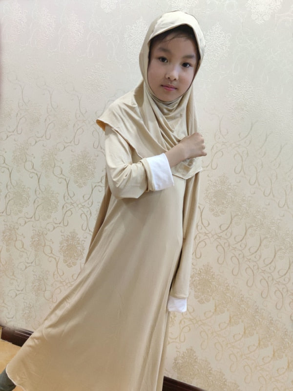 Muslim Kids Girls Prayer Dress Hijab Abaya Robe Arab Dubai Children Ramadan Kaftan Headscarf Islamic Eid Party Gown Jilbab