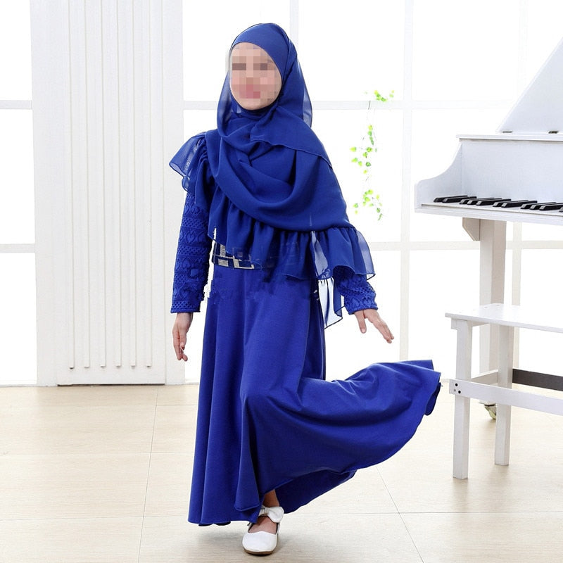 Fashion Muslim Kids Dress Headscarf Bow Tie Set Abaya Robe Arab Dubai   BISMILLAHSHOP