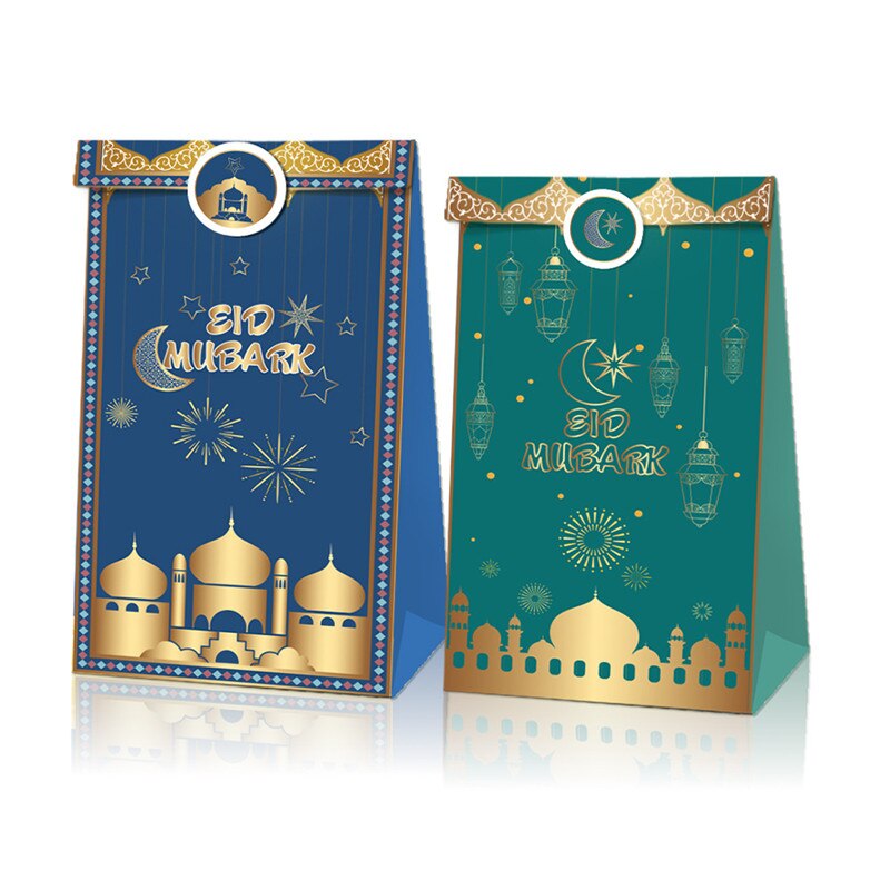 12pcs Eid Mubarak Muslim Candy Bag with Stickers Islamic Festival Ramadan Mubarak Eid al-Fitr Party Favors Supplies Gift Box