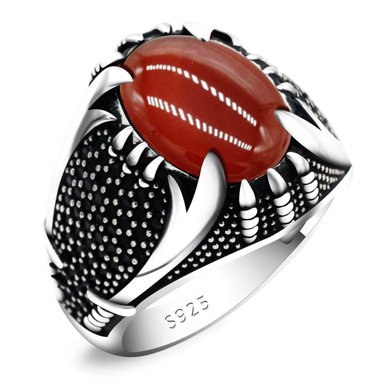 Islamic Men&#39;s 925 Silver Jewelry Ring Inlaid with Red Agate Big Stone/Black Zircon Turkish Muslim Religious Jewelry Gift