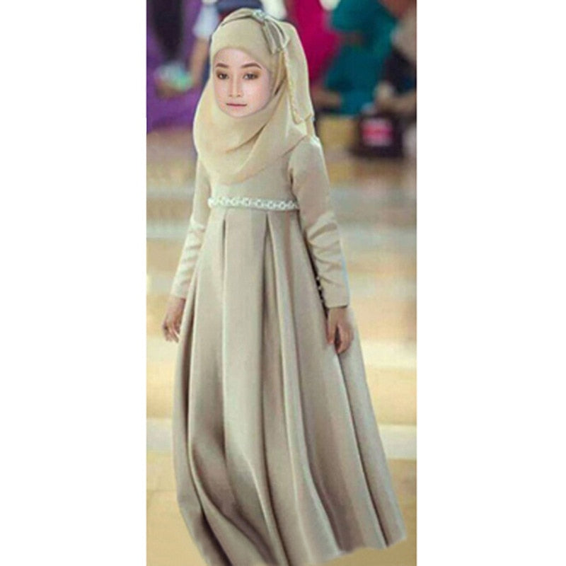 Fashion Muslim Kids Dress Headscarf Bow Tie Set Abaya Robe Arab Dubai Child Kaftan Hijab Islamic Girls Eid Party Gown Jilbab