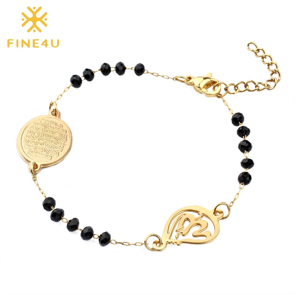 FINE4U B201 Stainless Steel Muslim Arabic Charms Bracelet Black Color Faceted Glass Beads Bracelets For Islam Rosary Jewelry