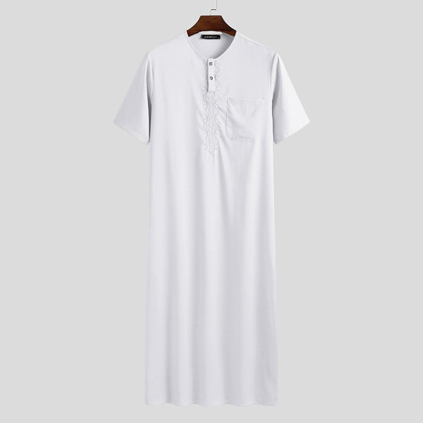 INCERUN Men Fashion Long Robes Short Sleeve Round Neck Robe Man Vintage Solid Color Muslim Kaftan Long Shirts Casual Jubba Thobe