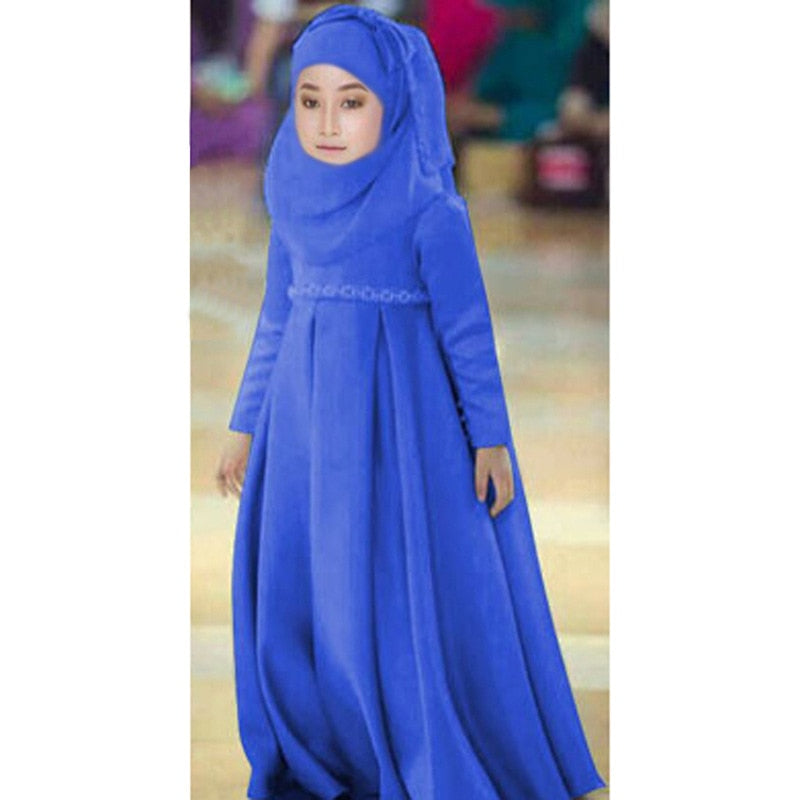 Fashion Muslim Kids Dress Headscarf Bow Tie Set Abaya Robe Arab Dubai Child Kaftan Hijab Islamic Girls Eid Party Gown Jilbab