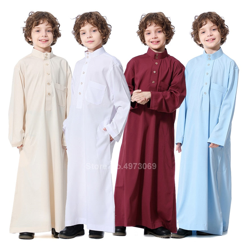 Muslim Robe Teenager Kids Saudi Arabia Pakistan Boy Thobe Middle East Full Sleeve Jubba Islamic Clothing Men Party Thobe Kaftan