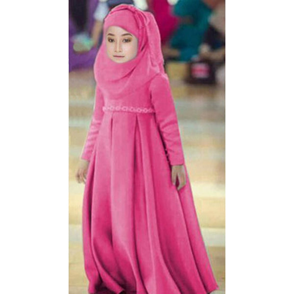 Fashion Muslim Kids Dress Headscarf Bow Tie Set Abaya Robe Arab Dubai Child Kaftan Hijab Islamic Girls Eid Party Gown Jilbab