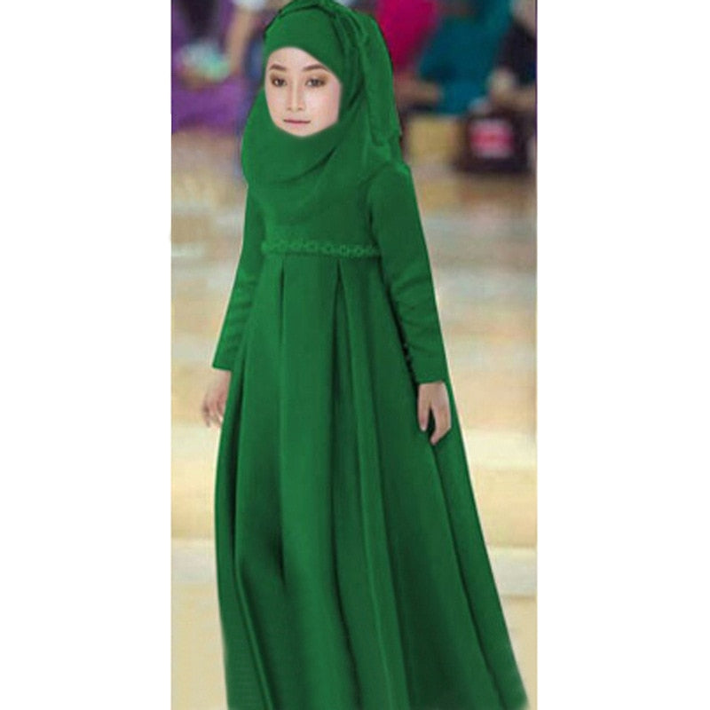 Fashion Muslim Kids Dress Headscarf Bow Tie Set Abaya Robe Arab Dubai Child Kaftan Hijab Islamic Girls Eid Party Gown Jilbab