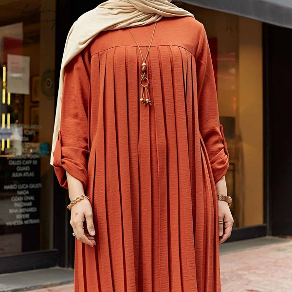 Solid Color Casual Pleated Dress Muslim Plus Size Women Clothes Middle East Tunic Ramadan Eid Djellaba Turkey Dubai Slamic