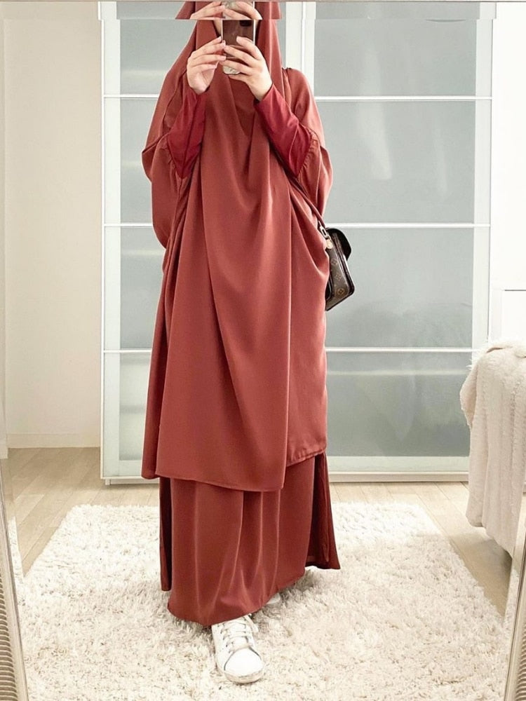 Hooded Muslim Women Hijab Dress Prayer Garment Jilbab Abaya Long Khimar Ramadan Gown Abayas Skirt Sets Islamic Clothes