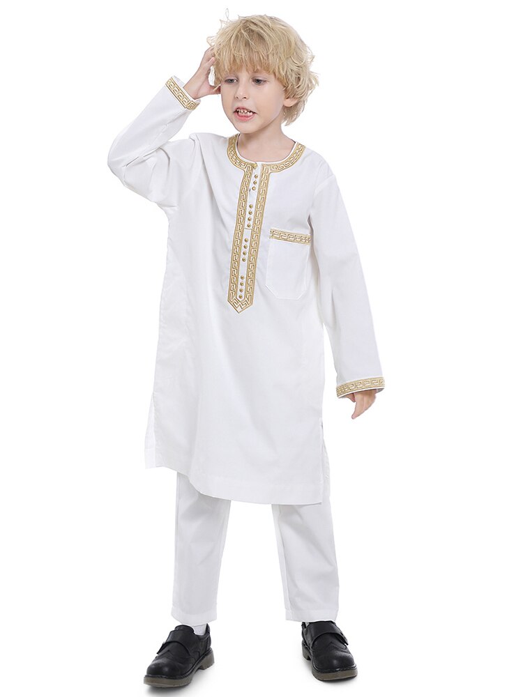 Saudi Arabia Children Robe Muslim Fashion Clothes Kids Qamis Boy Jubba Thobe 2 Piece Set Islamic Clothing Men Party Abaya Kaftan