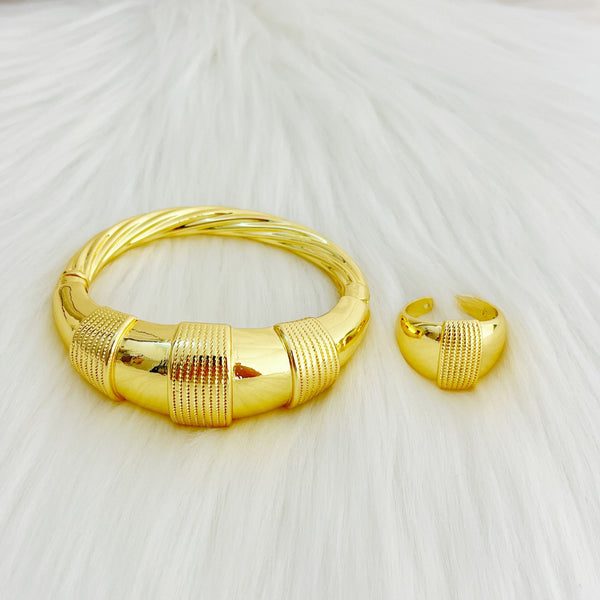 Gold Colour Bracelets Ring Set For Women Dubai Cuff Bangle With Ring For Bridal Wedding Indian Bracelet Ring Free Shipping