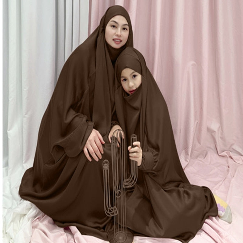 Ramadan Satin Muslim Sets Hijab Prayer Dress for Kids Abaya Dubai Turkey Islamic Clothing Girl Abayas for Children+ Skirt Burka