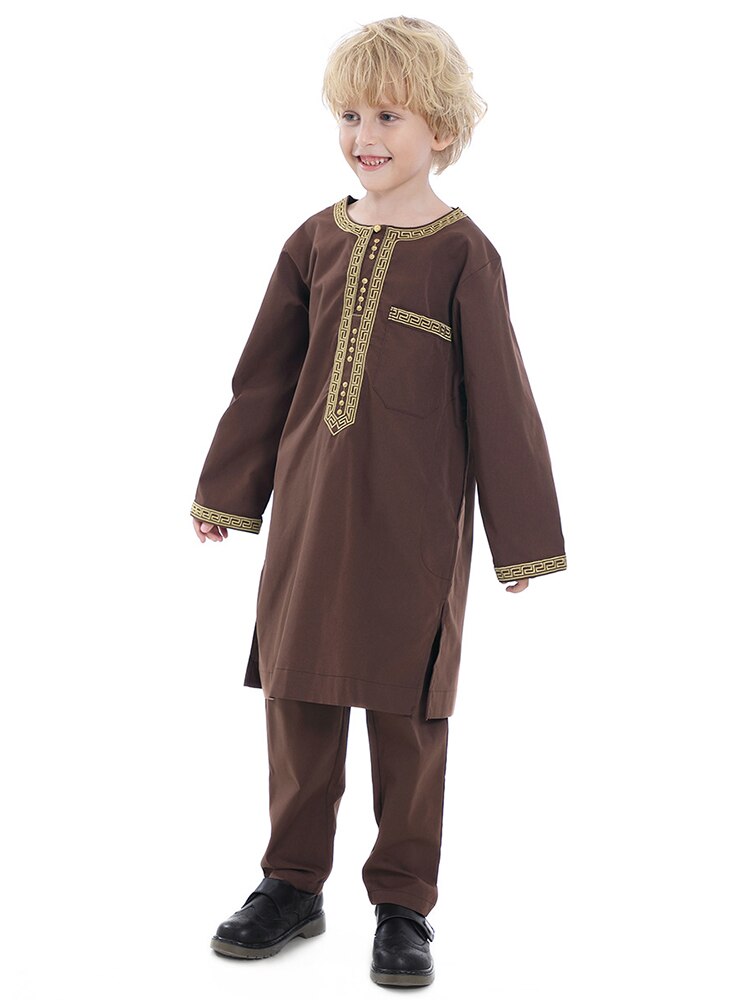 Saudi Arabia Children Robe Muslim Fashion Clothes Kids Qamis Boy Jubba Thobe 2 Piece Set Islamic Clothing Men Party Abaya Kaftan