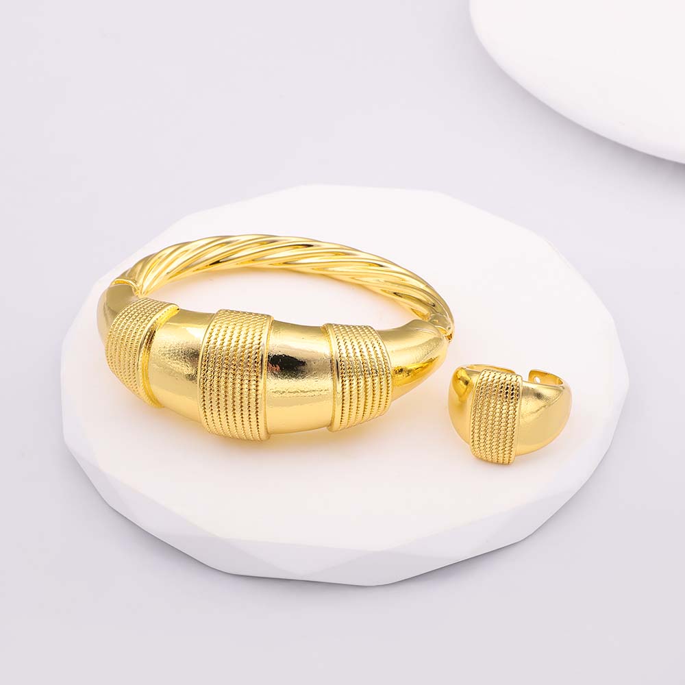 Gold Colour Bracelets Ring Set For Women Dubai Cuff Bangle With Ring For Bridal Wedding Indian Bracelet Ring Free Shipping