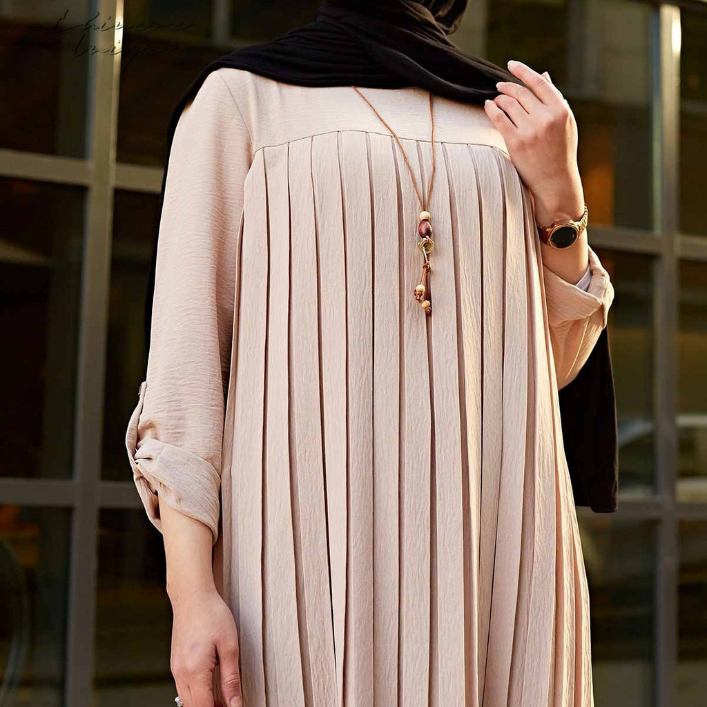 open lace back dress Solid Color Casual Pleated Dress Muslim Plus Size Women Clothes Middle –  BISMILLAHSHOP