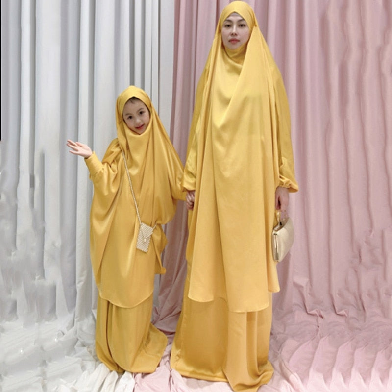 Ramadan Satin Muslim Sets Hijab Prayer Dress for Kids Abaya Dubai Turkey Islamic Clothing Girl Abayas for Children+ Skirt Burka