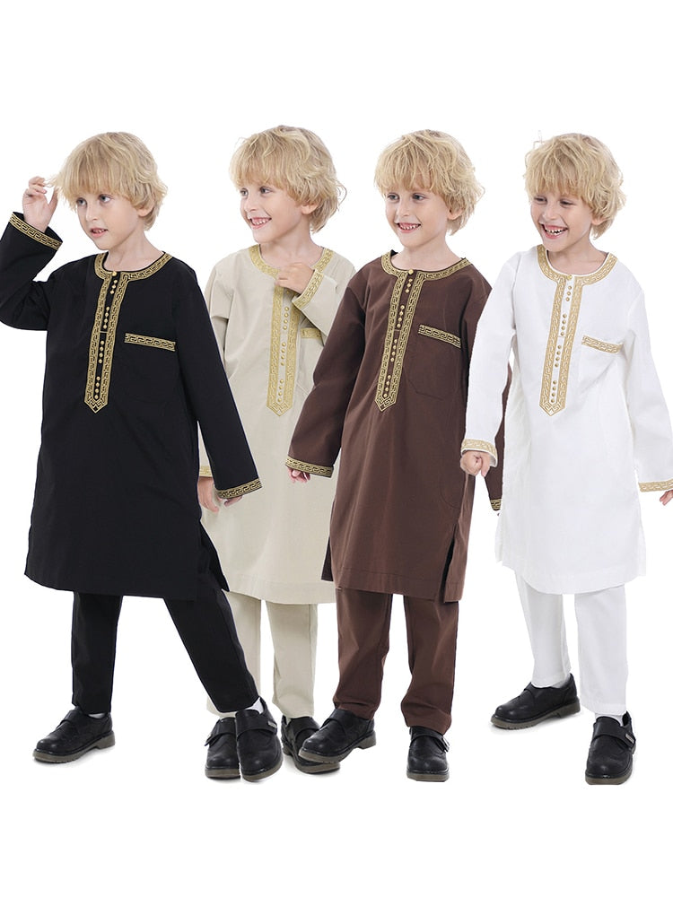 Saudi Arabia Children Robe Muslim Fashion Clothes Kids Qamis Boy Jubba Thobe 2 Piece Set Islamic Clothing Men Party Abaya Kaftan